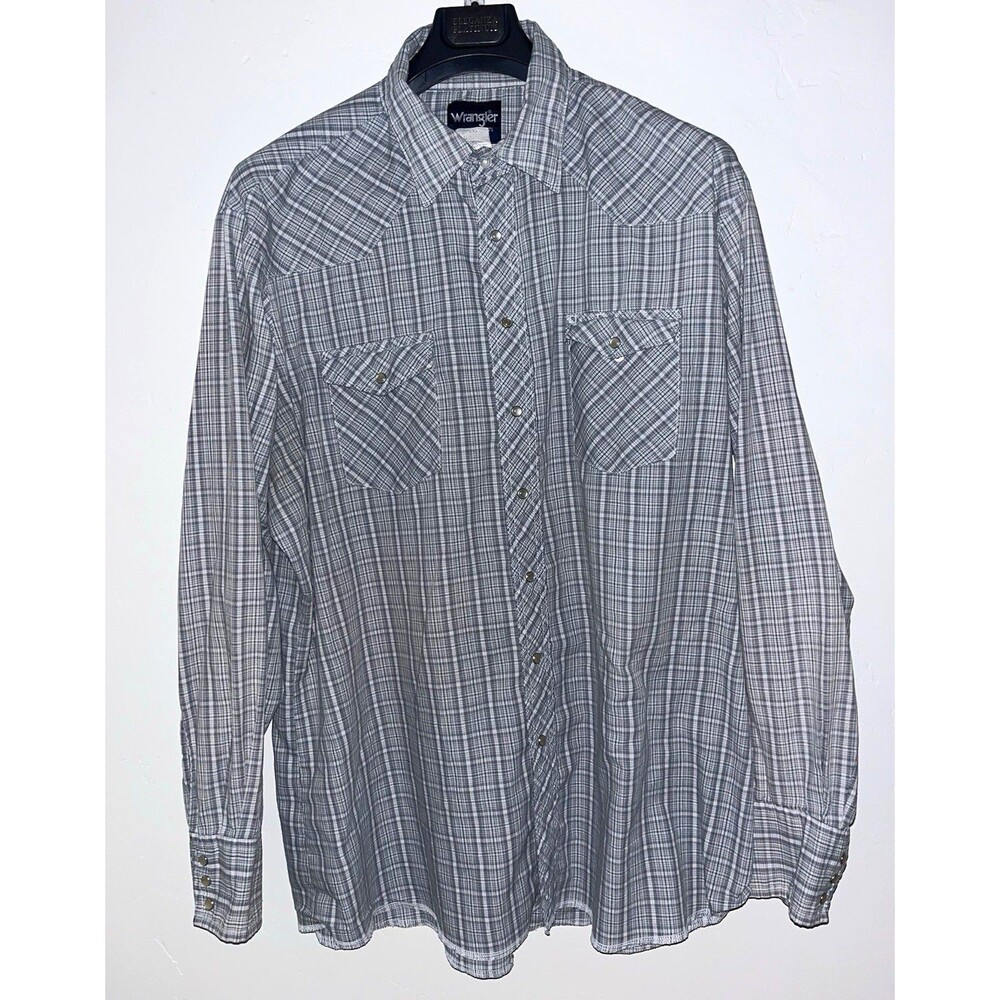 Wrangler Western Shirt Gray Plaid Long Sleeve Button-Up Pockets 2XLT Big & Tall